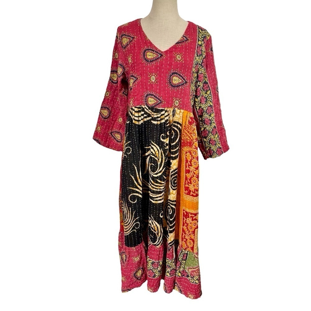 Kantha Long Sleeve Maxi Dress Handmade Boho Paisley Patchwork